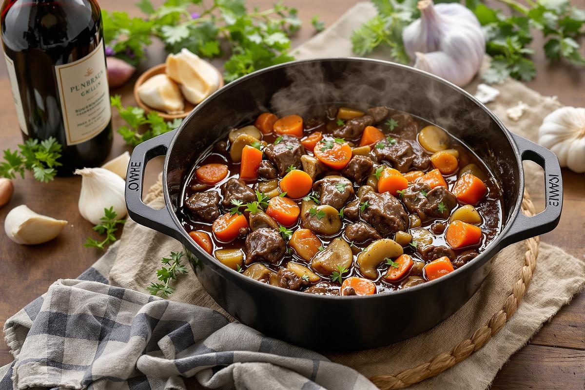 Préparation du boeuf bourguignon en cocotte en fonte