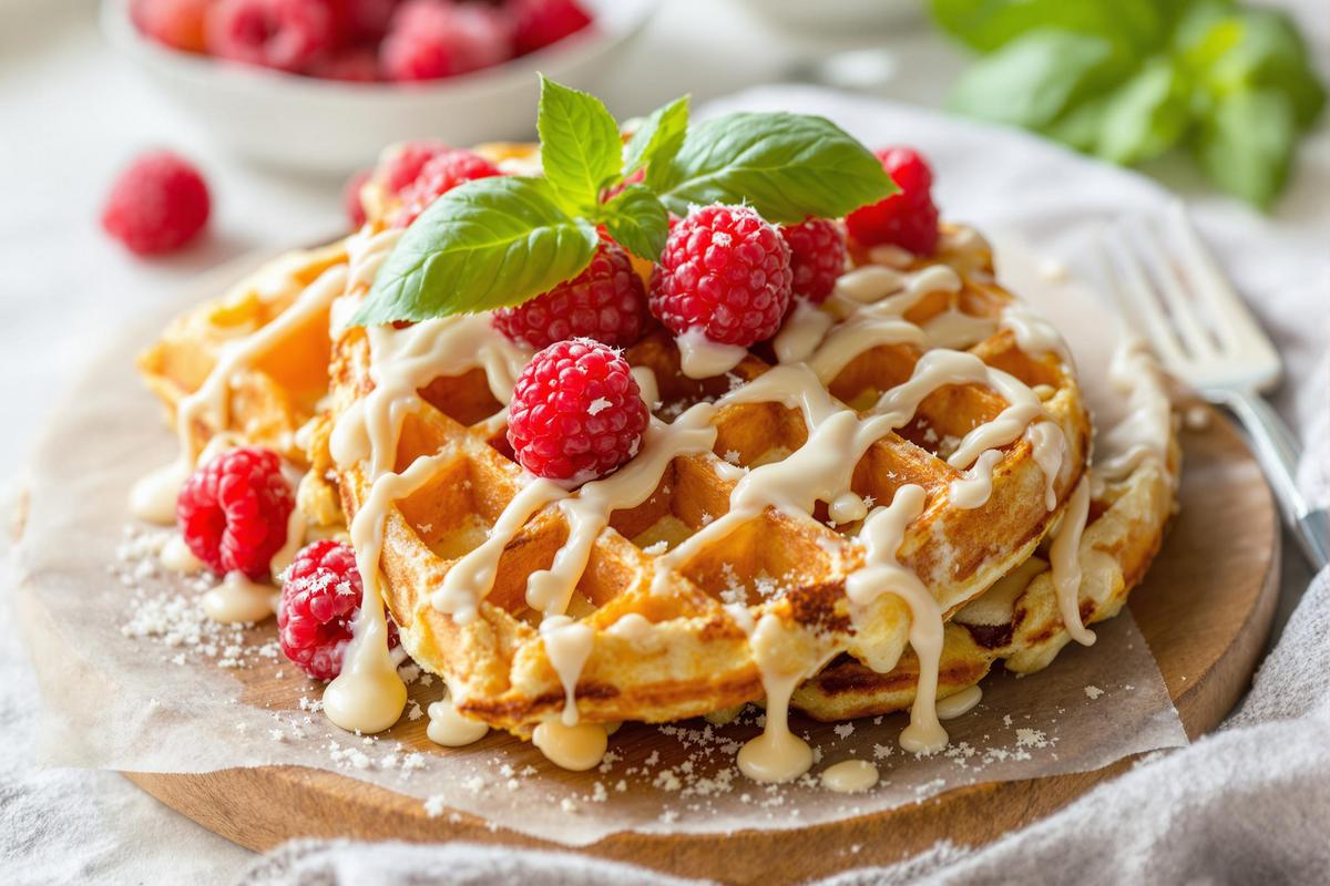 Recette de gaufres au chocolat blanc, framboises et basilic