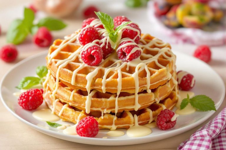 Recette gaufres au chocolat blanc, framboises et basilic