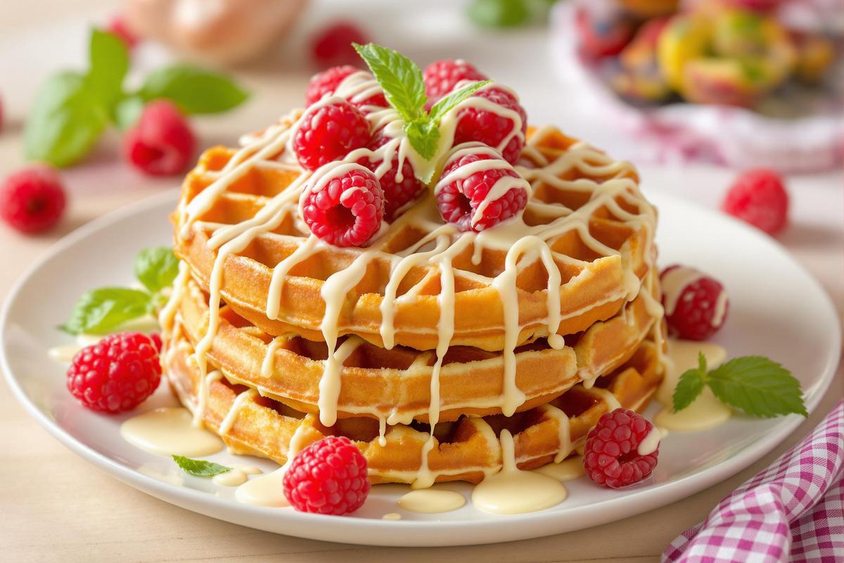 Recette gaufres au chocolat blanc, framboises et basilic